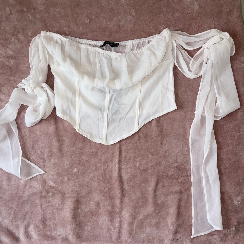 PrettyLittleThing White Chiffon Bardot Binding Panel Crop Top Tie Sleeve US 4